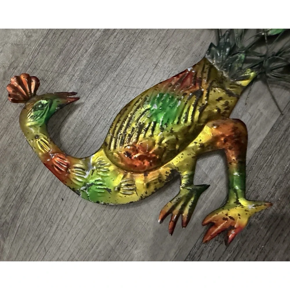Vtg Metal Peacock Tin Wall Hanging Decor Green Orange Plaque Sign